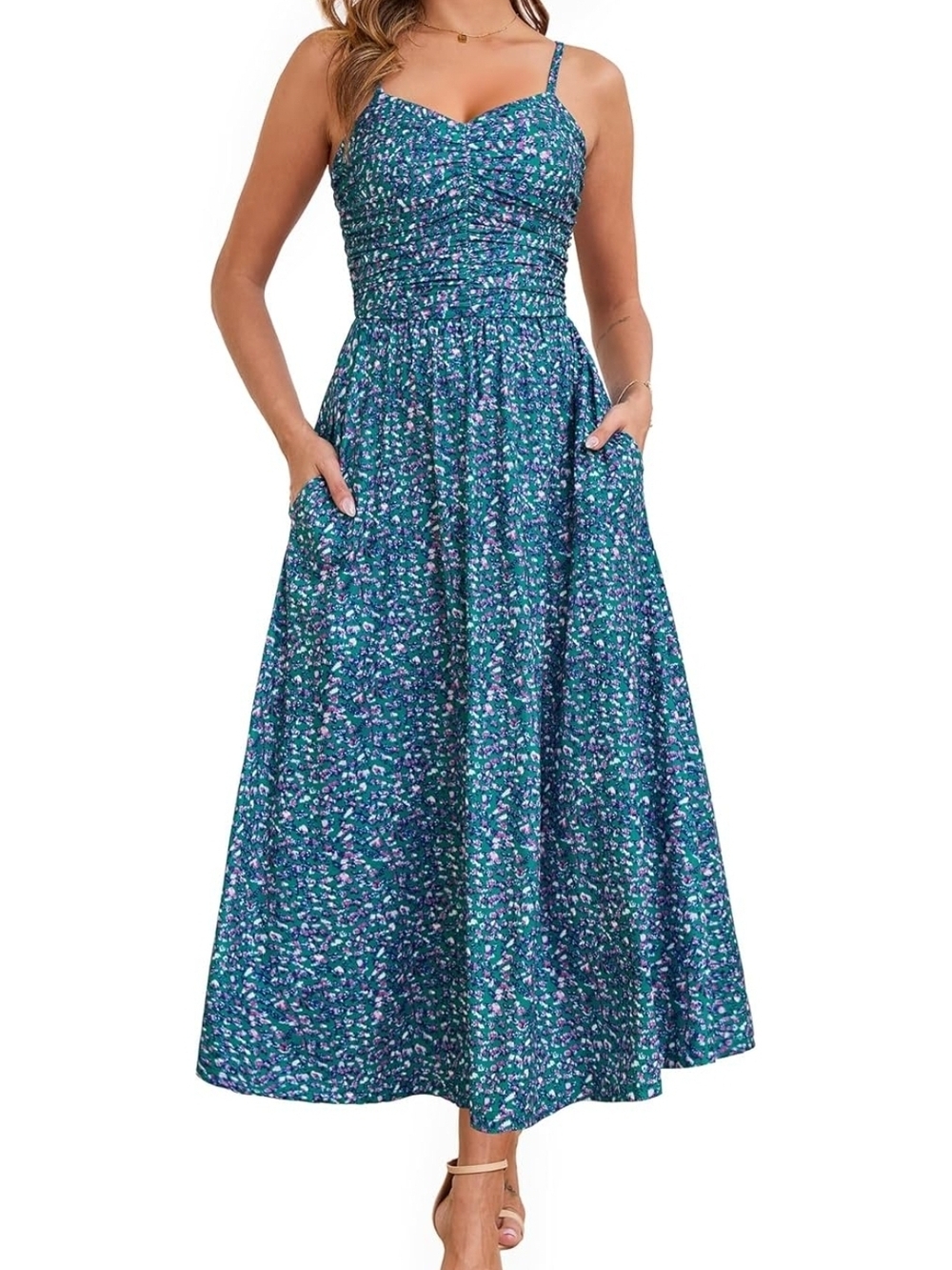 Teal Floral Maxi Dress with Spaghetti Straps